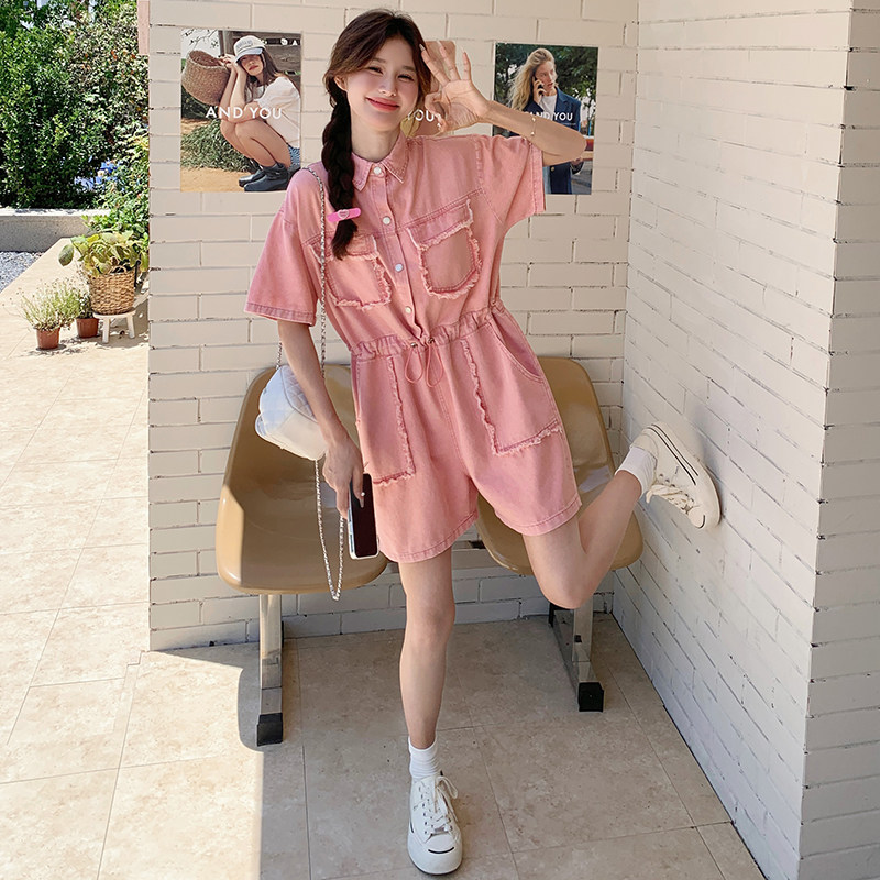洋气减龄粉色连体裤女夏季2025新款小个子甜美显瘦收腰阔腿牛仔裤,女装连体裤,2C115