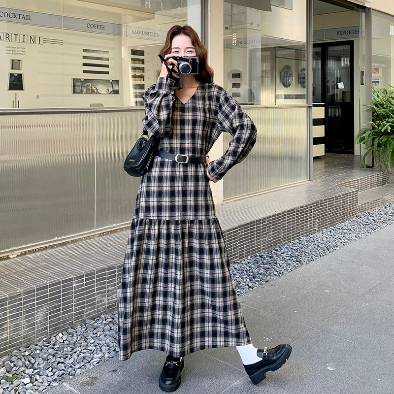 韩版收腰撞色格子长袖V领连衣裙女2025春秋季新款复古气质长裙子,女装连衣裙,2C009