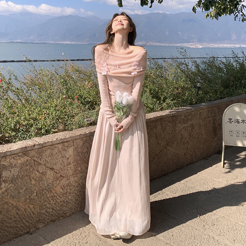 小香风粉色一字领高腰半身裙套装女春秋温柔风两件套气质ootd穿搭,女装套装/套裙,2C353