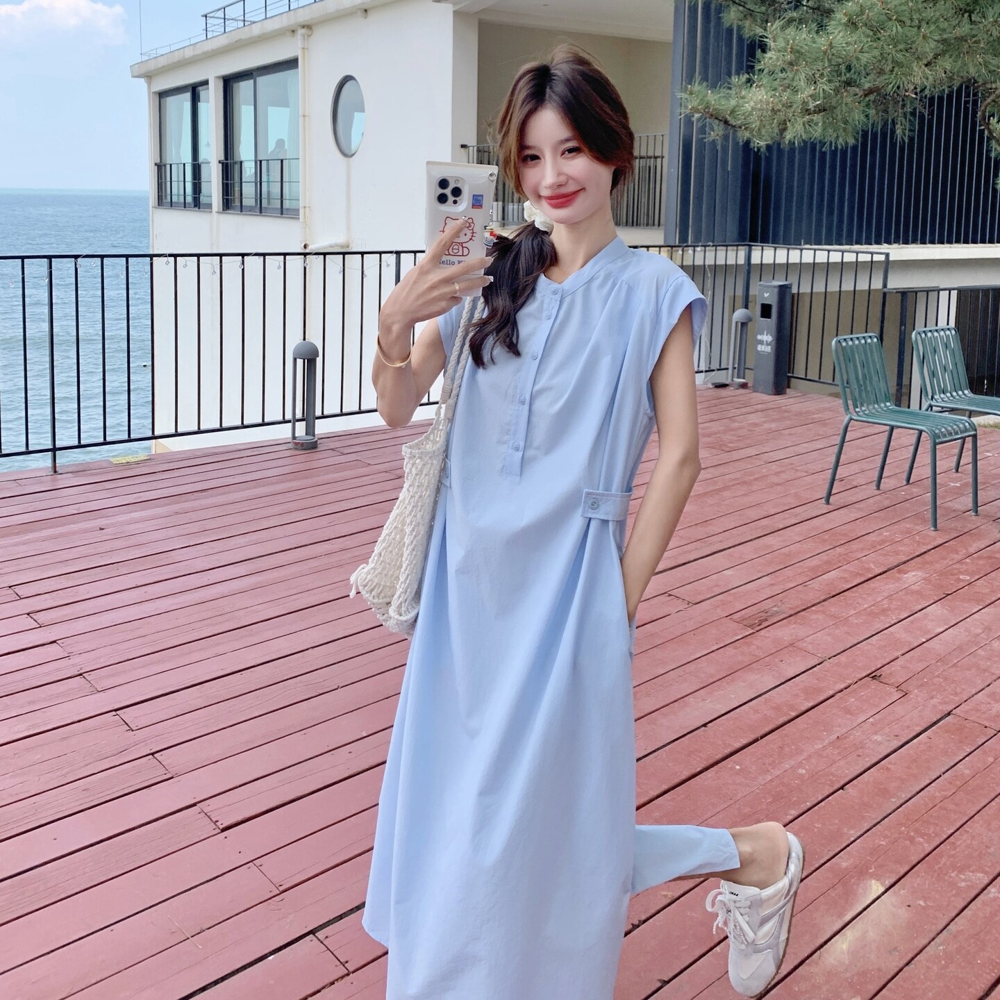 天蓝色设计感衬衫连衣裙女夏2025新款韩系气质减龄中长款收腰长裙,女装连衣裙,2C166