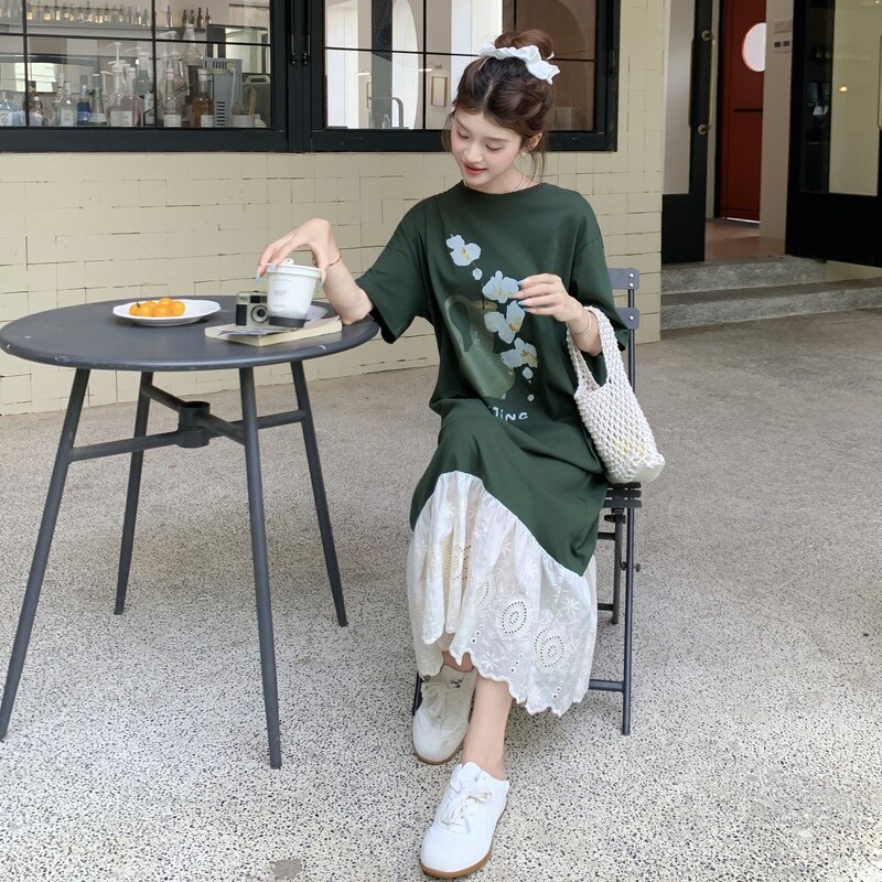 洋气减龄拼接短袖连衣裙女2025夏季新款韩版宽松甜美中长款T恤裙,女装连衣裙,2C113
