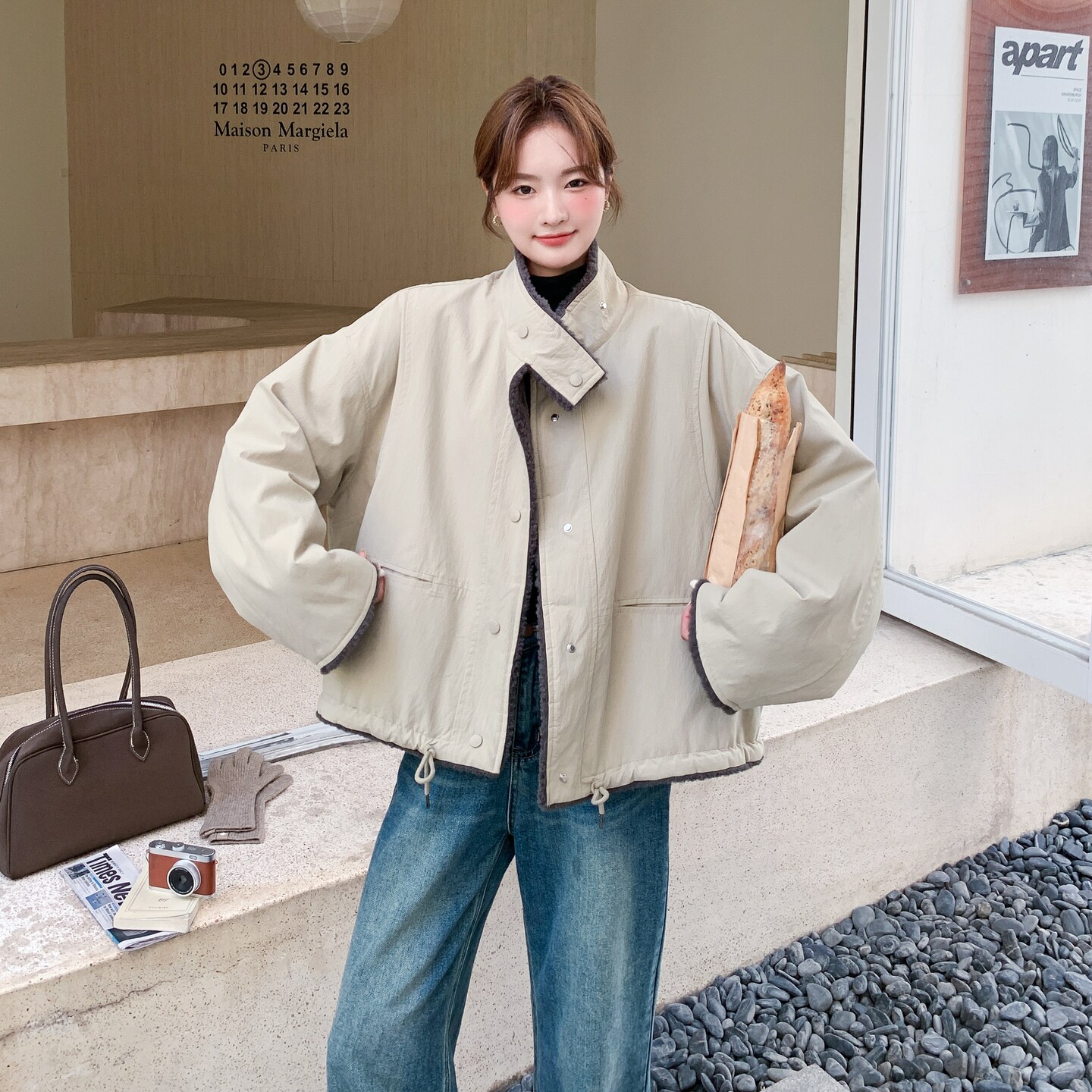 卡其色韩版立领短款加厚外套棉衣女冬季新款休闲宽松大版保暖棉服,女装棉衣/棉服,2C166