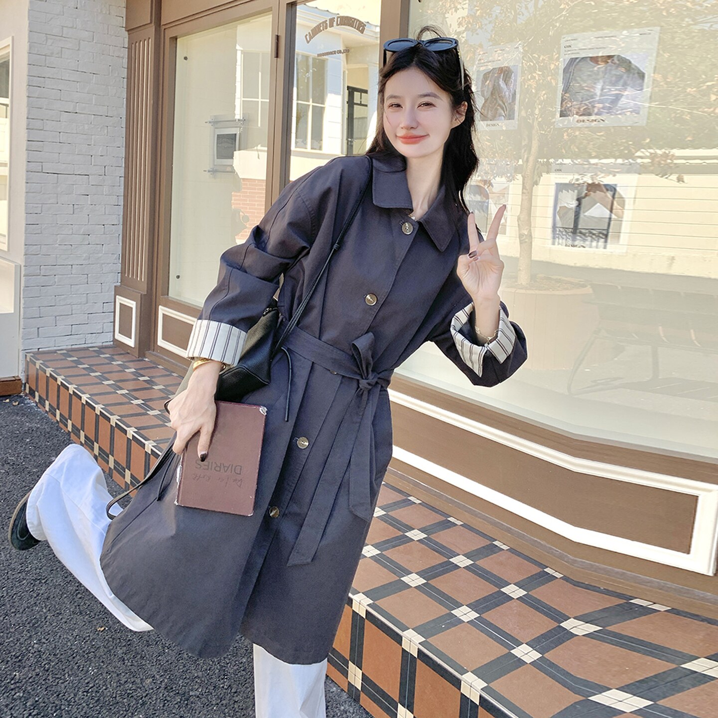 深灰色复古高级感气质风衣外套女2025秋韩系收腰显瘦格纹拼接大衣,女装风衣,2C271