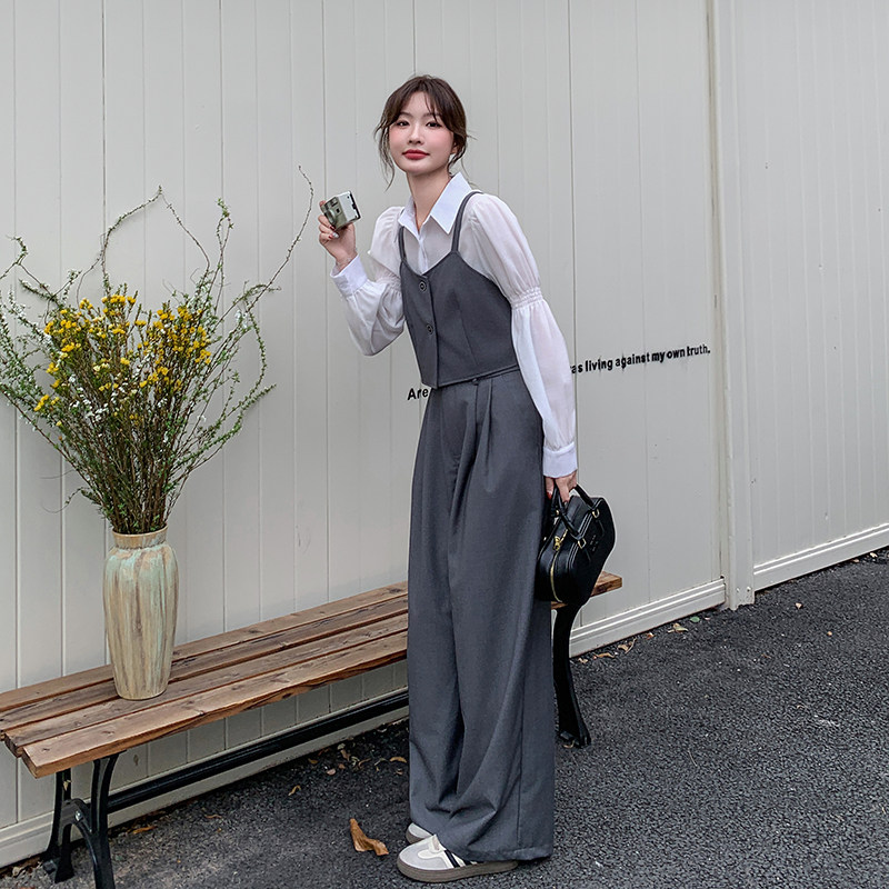 超火气质通勤穿搭灰色吊带马甲套装女春轻熟风高级感阔腿裤三件套,女装套装/套裙,2C203