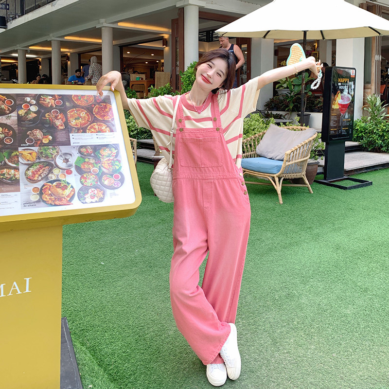 粉色甜美减龄工装背带裤女2025夏季新款韩版显瘦小个子直筒连体裤图片