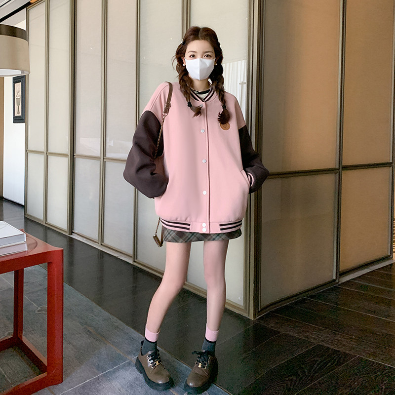 粉色美式复古拼接棒球服短款外套女春秋新款设计感小个子休闲上衣,女装短外套,2C170