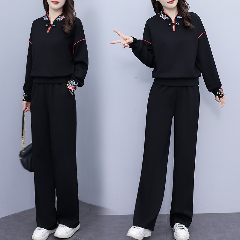 2025春装新款气质时尚风刺绣卫衣阔腿裤运动套装,女装套装/套裙,先锋丽姿