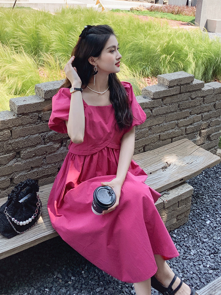 火龙果色方领泡泡袖连衣裙女夏2025新款茶歇法式甜美梨形身材长裙,女装连衣裙,2C112