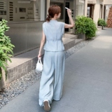 韩系休闲蓝灰色套装女2025夏新款高级松弛感穿搭马甲阔腿裤两件套，女装套装/套裙，2C159