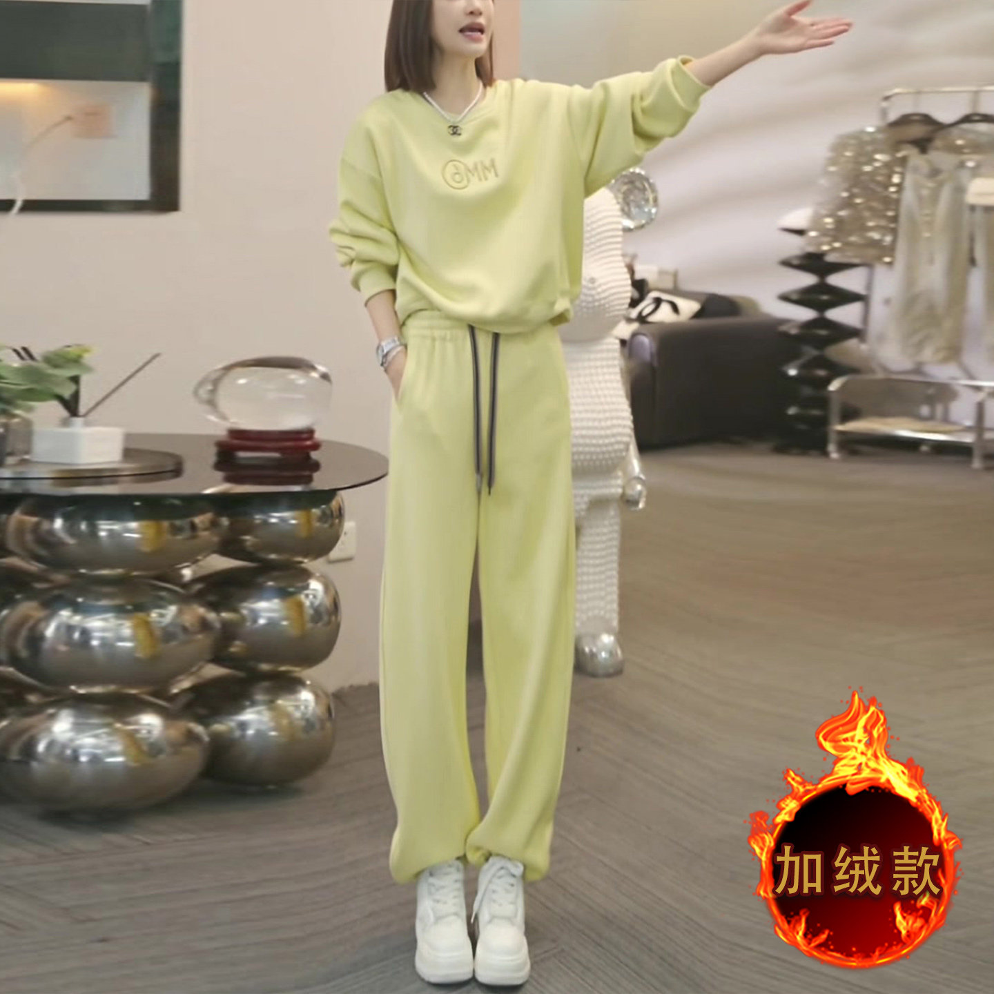 时尚休闲套装女秋冬新款宽松洋气减龄纯色圆领卫衣阔腿长裤两件套,女装套装/套裙,2C310