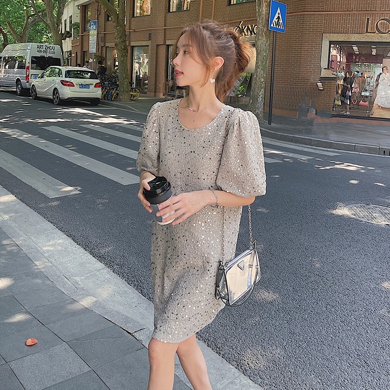 现货新款高级感重工工艺亮片泡泡袖T恤裙2328P110K168,女装连衣裙,2C029