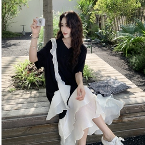 设计感荷叶边撞色拼接连衣裙女夏季2025新款独特绝美巨好看的长裙图片