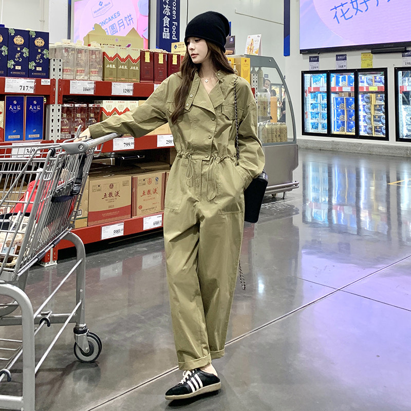 设计感炸街工装连体裤女2025春秋季新款韩系宽松休闲卡其色连衣裤,女装连体裤,2D043