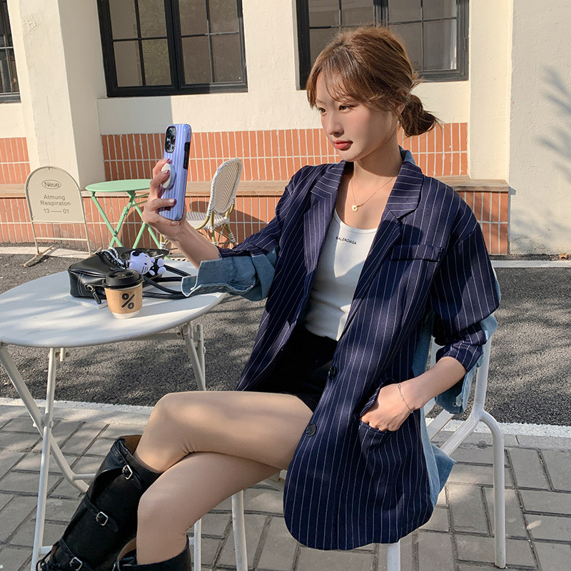 【秋装】复古时尚牛仔拼接条纹西装外套2D148-A121-P135K195,女装西装,2D148