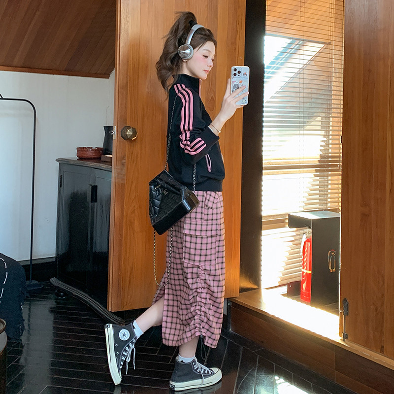 粉色格子卫衣套装裙女2025春秋季新款高级感韩系减龄半身裙两件套,女装套装/套裙,2C291