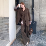 职业通勤穿搭咖色西装套装女春秋2025超火好看高级感阔腿裤三件套，女装套装/套裙，2C218