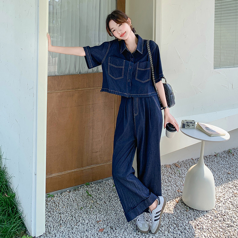 现货：夏装新款时尚水洗牛仔上衣阔腿裤两件套2C135-5097P145K208,女装套装/套裙,2C135