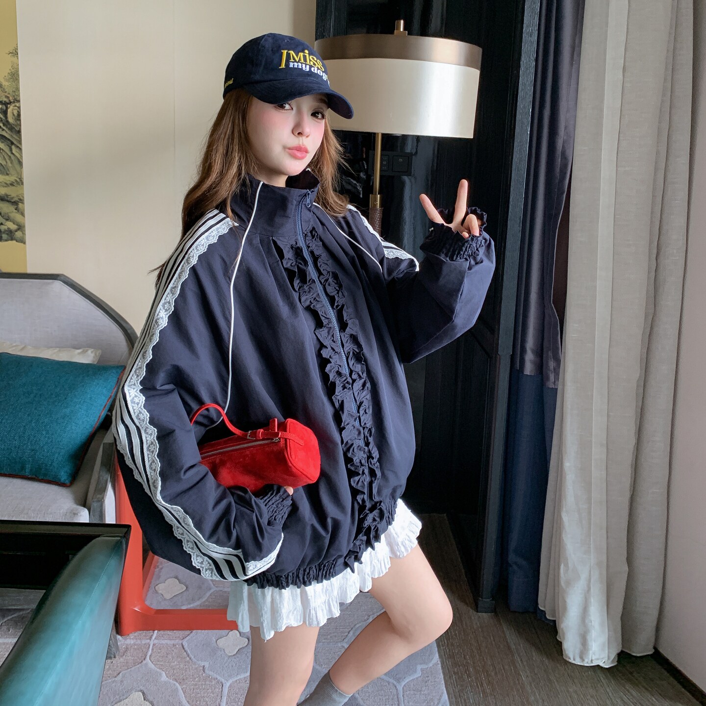 藏青色蕾丝拼接木耳花边外套女2025秋季休闲运动风立领夹克外套潮,女装短外套,2C259