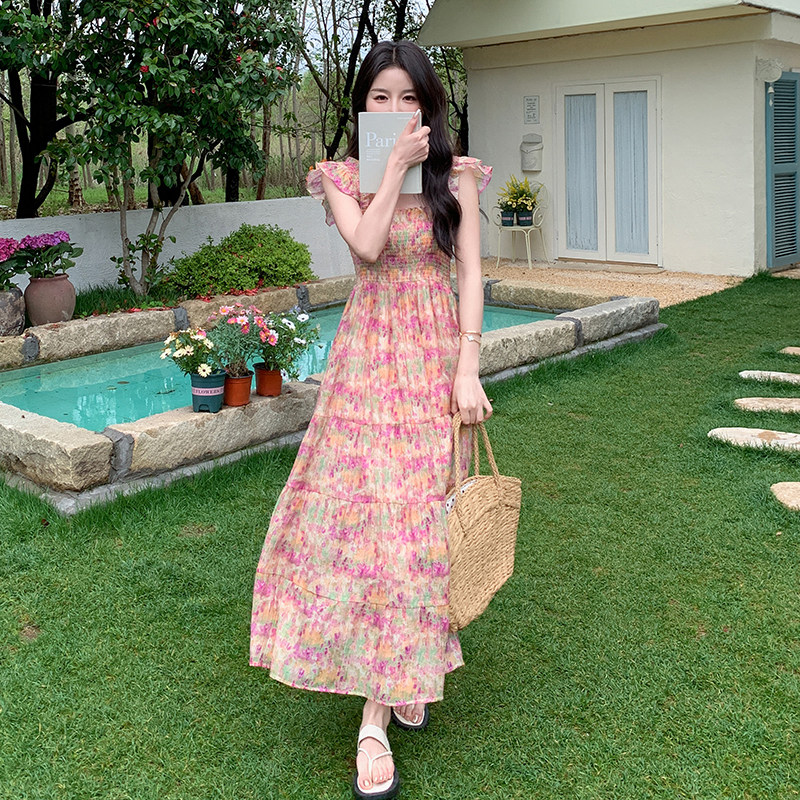 粉色小飞袖碎花连衣裙女2025夏季新款法式温柔风气质绝美仙女长裙图片
