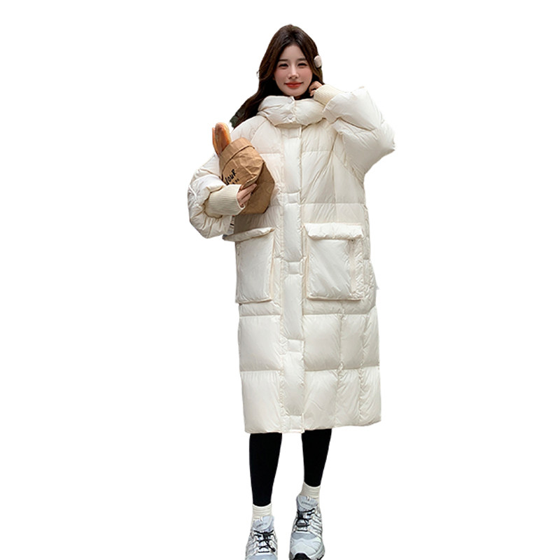 韩系俏皮加厚保暖羽绒服女2025年冬季新款显瘦连帽长款白鸭绒外套,女装羽绒服,1D066-1