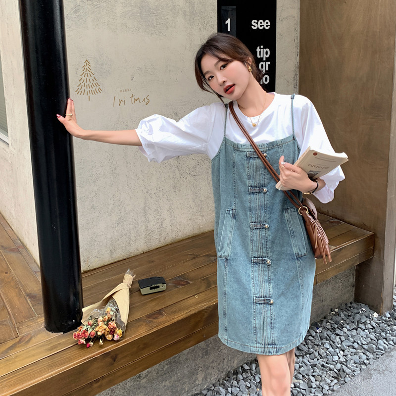 新中式盘扣牛仔背带裙套装女2025夏季新款宽松显瘦时尚T恤两件套,女装套装/套裙,2C111