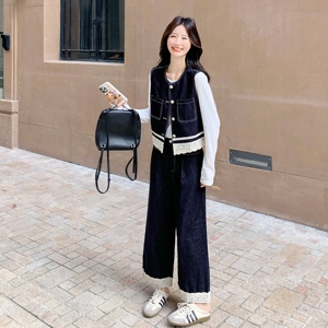 松弛慵懒风蕾丝牛仔马甲套装女2025新款秋季简约阔腿裤百搭两件套图片