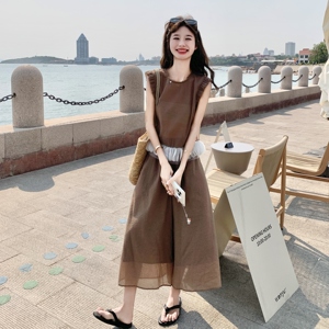 2025韩系甜美套装褶皱纯色无袖衬衫女夏季高腰休闲裤裙裤两件套图片