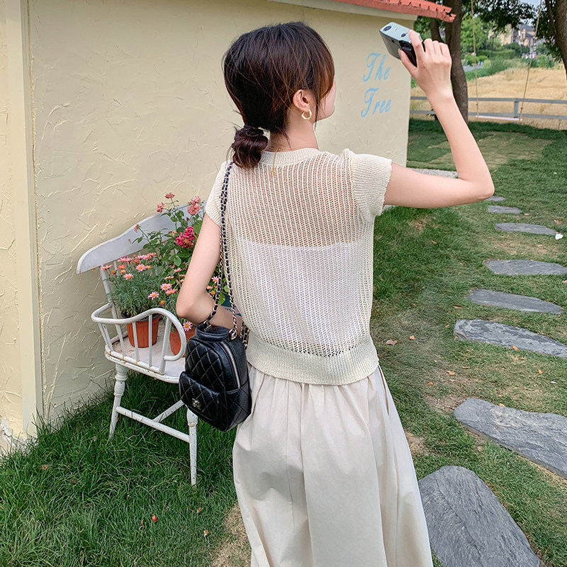 法式气质镂空针织短袖套装女2025夏季新款显瘦a字半身长裙两件套,女装套装/套裙,2C159