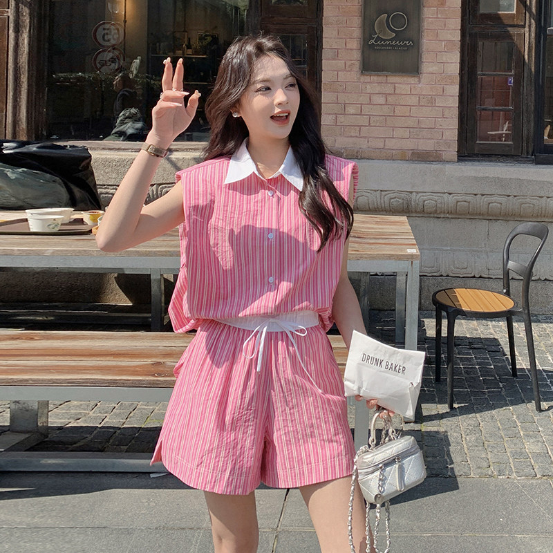 条纹休闲时尚套装女夏季2025新款无袖衬衫上衣高腰短裤减龄两件套,女装套装/套裙,2C112