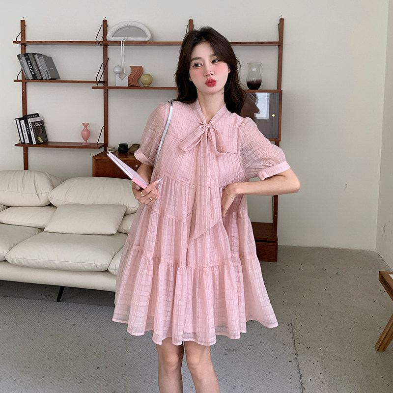 粉色蝴蝶结连衣裙女2025夏季新款法式温柔风甜美减龄小个子娃娃裙,女装连衣裙,2C113