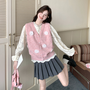 淑女气质穿搭套装女2026春新款粉色花朵针织马甲蕾丝打底衫两件套图片