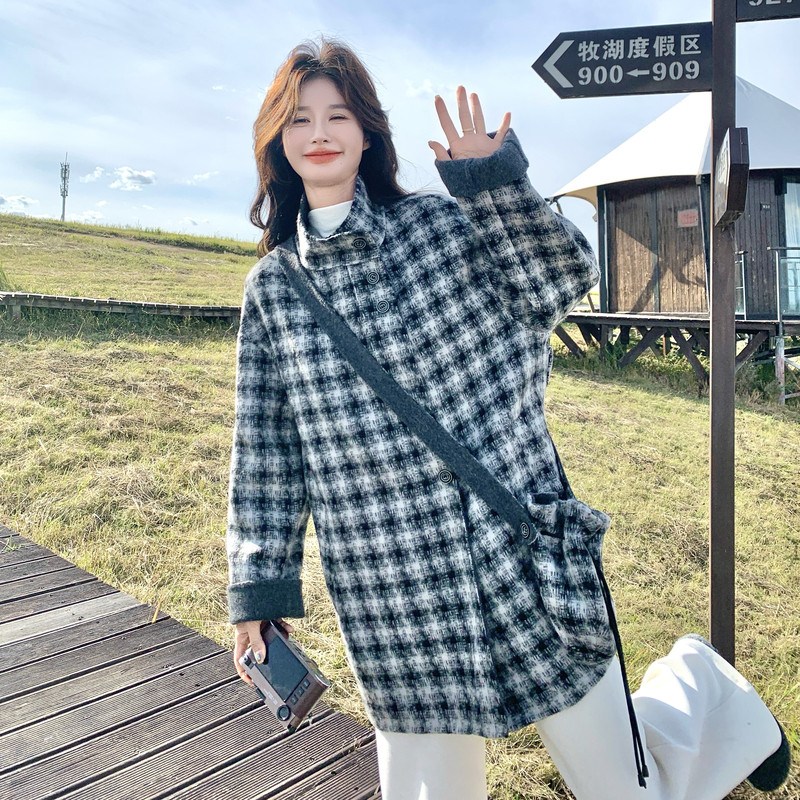 蓝色格子立领宽松羊毛双面羊绒大衣女冬季新款中长款加厚毛呢外套，女装羊绒大衣，2C056