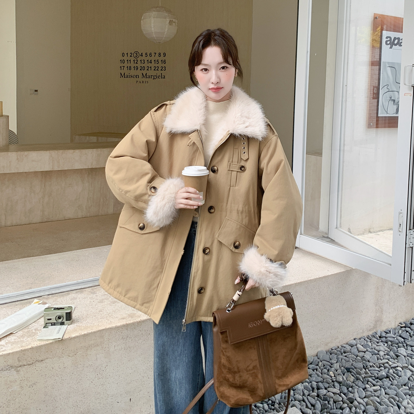 复古毛绒领派克服女冬季设计感美式加厚毛毛气质保暖工装棉服外套,女装派克服,2C166