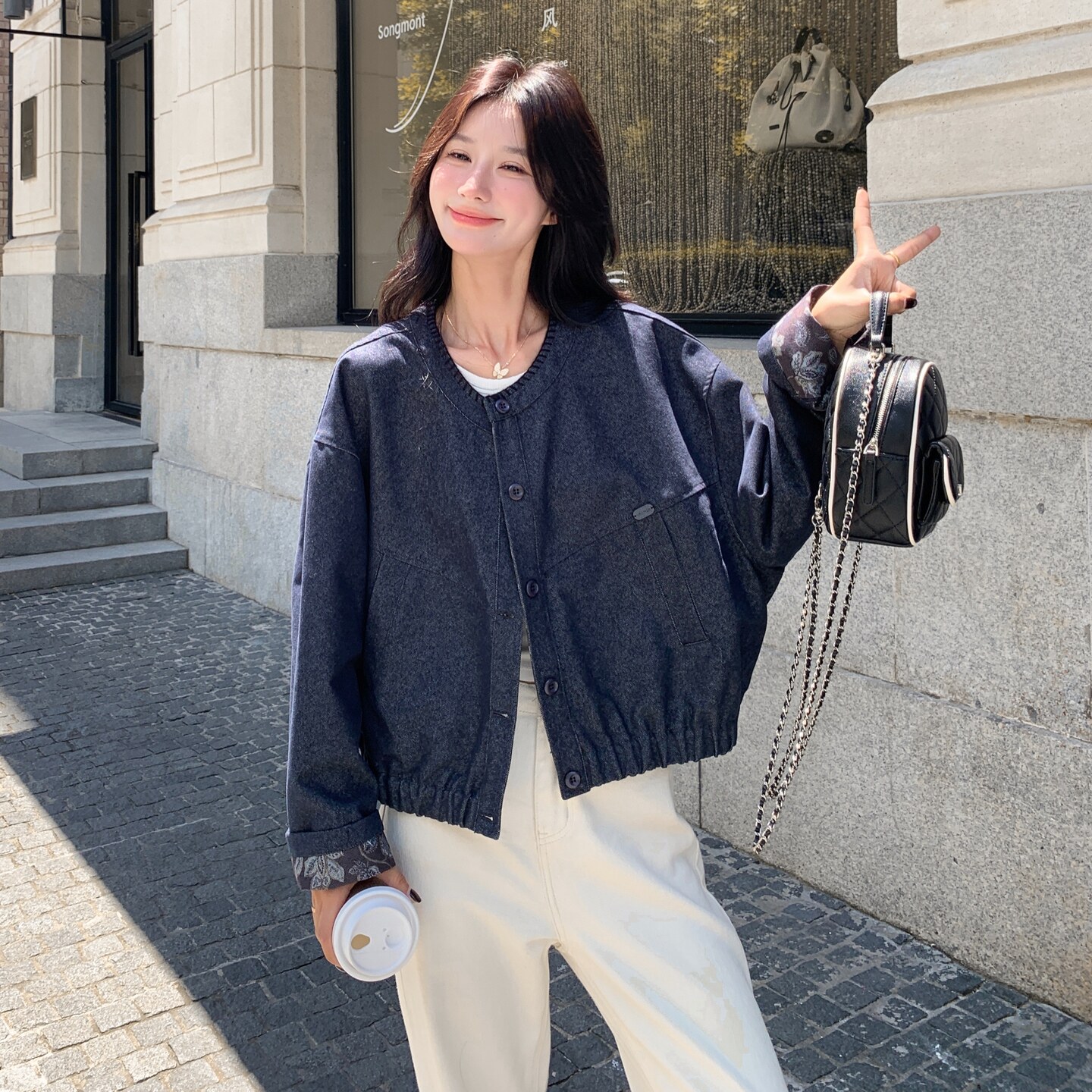 藏青色圆领慵懒风短款外套女2025秋季设计感简约气质百搭夹克上衣,女装短外套,2C166