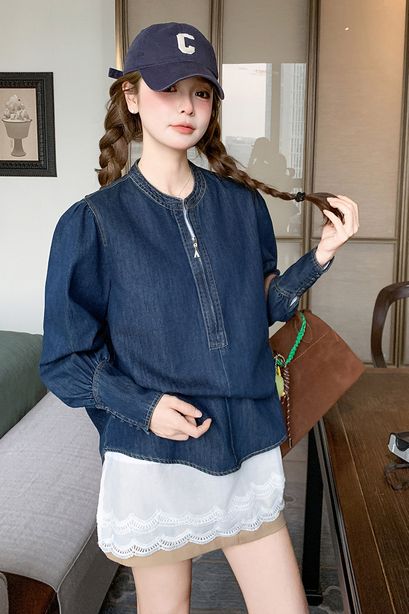 蓝色长袖牛仔衬衫女2025春秋新款复古设计感小个子休闲百搭短上衣,女装衬衫,2C087