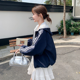 藏青色运动风蕾丝花边外套女2025春秋季新款韩系显瘦连帽夹克上衣，女装短外套，2C285