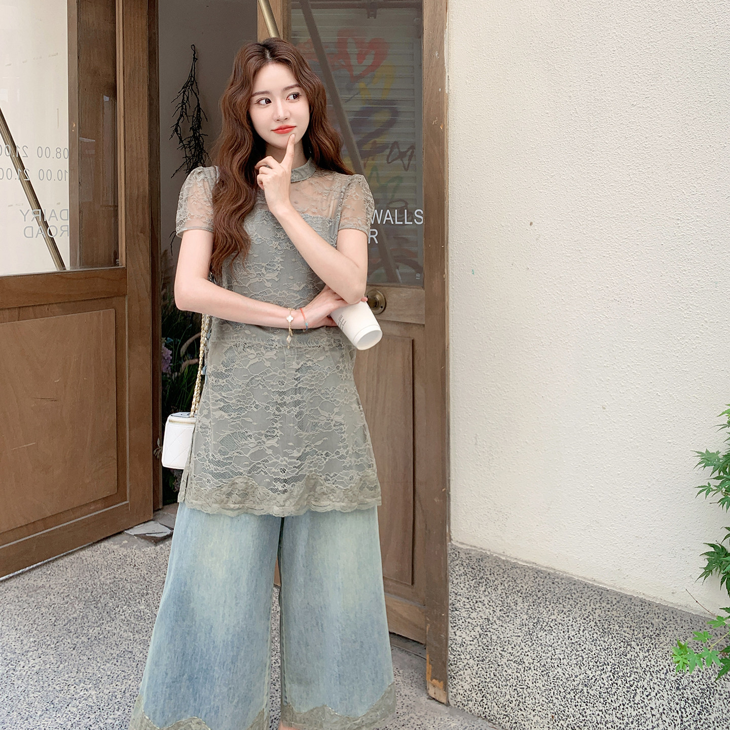 新中式轻薄蕾丝上衣牛仔阔腿裤套装女2025夏新款国风小个子两件套,女装套装/套裙,2C332