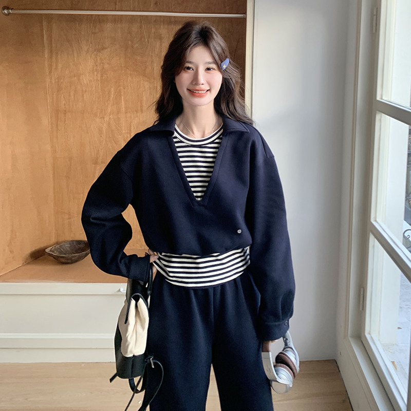 条纹拼接休闲运动卫衣阔腿裤套装女春秋大方得体两件套爆款高级感,女装套装/套裙,2C203