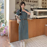 蓝色牛仔连衣裙女2025夏季新款韩系高级感气质收腰polo领衬衫长裙，女装连衣裙，2C098