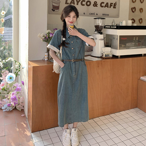 蓝色牛仔连衣裙女2025夏季新款韩系高级感气质收腰polo领衬衫长裙图片