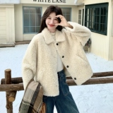 韩版宽松显瘦百搭加厚保暖羊羔毛外套女秋冬新款翻领皮毛一体大衣，女装短外套，2C166