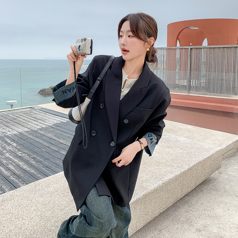 高级感拼接黑色西装外套女2025春秋新款设计感双排扣宽松百搭西服图片