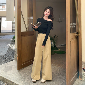 慵懒风一字领露肩t恤套装女2025春秋独特超好看高腰阔腿裤两件套图片