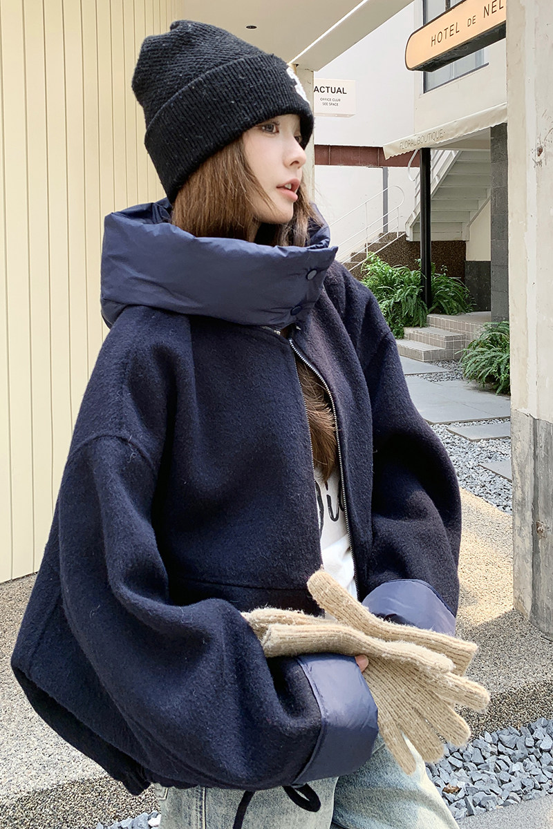 毛呢拼接羽绒帽子袖口7071-P265-K398单层。P315-K470-90绒内胆,女装羽绒服,2C016