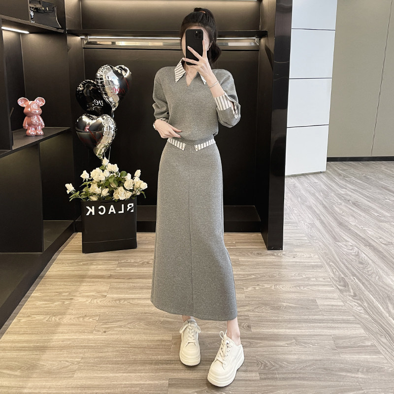韩版假两件卫衣高腰显瘦半身裙套装潮图片