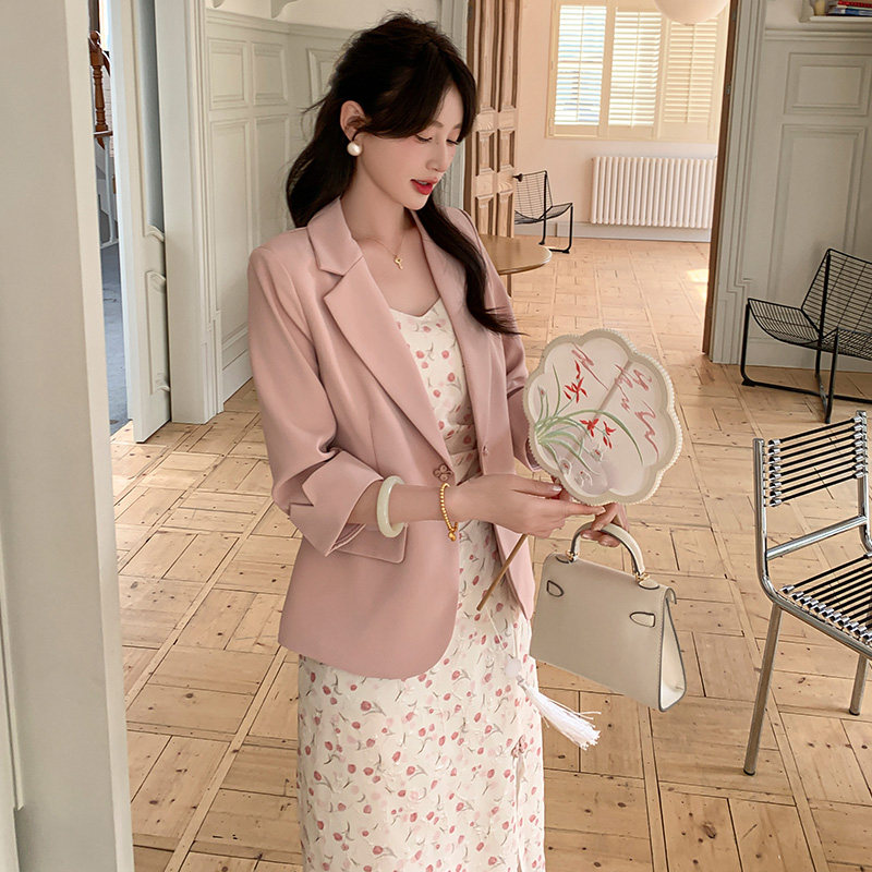 2025春秋季新款高级感温柔碎花吊带连衣裙两件套女时尚西服套装裙,女装套装/套裙,2C081