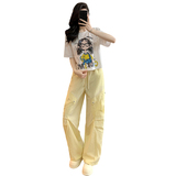 高级感时尚潮流套装女夏新款宽松圆领卡通印花上衣工装长裤两件套，女装套装/套裙，2C310