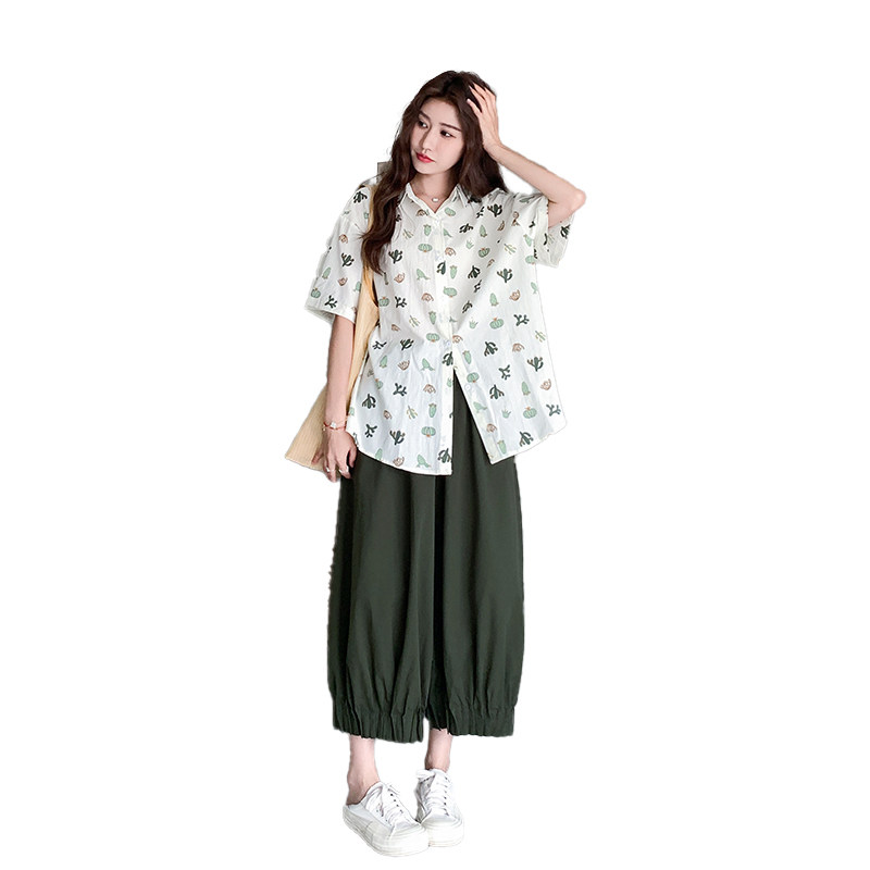 时尚套装衬衫西装碎花休闲韩版女装时尚复古显瘦宽松短袖显瘦气质,女装套装/套裙,2C285