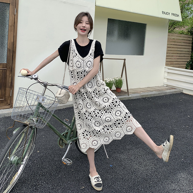 温柔风镂空连衣裙套装女2025夏季新款法式设计感小众短上衣两件套,女装连衣裙,2C098