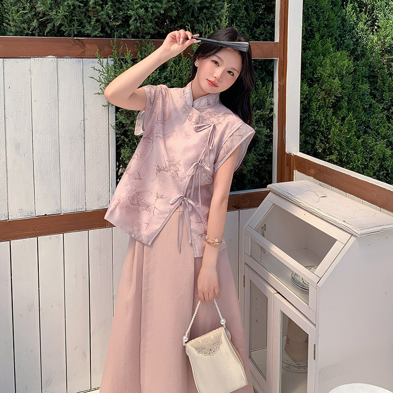 新中式国风印花上衣半身裙套装女2025夏季新款盘扣减龄显瘦两件套图片